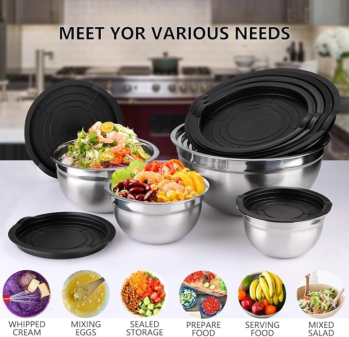 Mixing Bowls with Lids set - 25 PCS Stainless Steel Nesting Black Mixing Bowls Set for Baking, Mixing, Serving & Prepping, Size 5, 3.7, 2.8, 2.3, 1.7, 1.1, 0.7QT, 11 Cooking Utensils