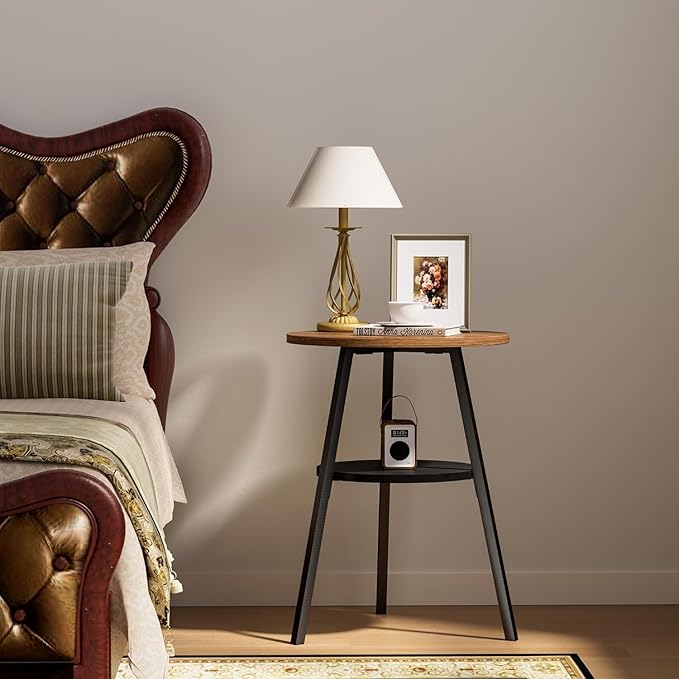 INHABIT UNION Round End Table,Accent Table Small Side Table for Living Room Bedroom, Balcony with Wooden Boards Storage Small Space (Rustic Brown)