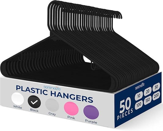 SereneLife 50 Pack Plastic Hangers, Non-Slip, Space-Saving Closet Organizers, Durable and Strong for Shirts, Sweaters, Hoodies, Kids Clothes & Dresses, Ultra-Thin, Lightweight