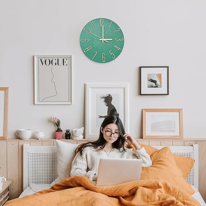 Faupugh 12 inch Silent Wall Clock, Battery Powered Wall Clock, Suitable for Home, Office, School, Kitchen, Bedroom, Living Room (Grass Green)