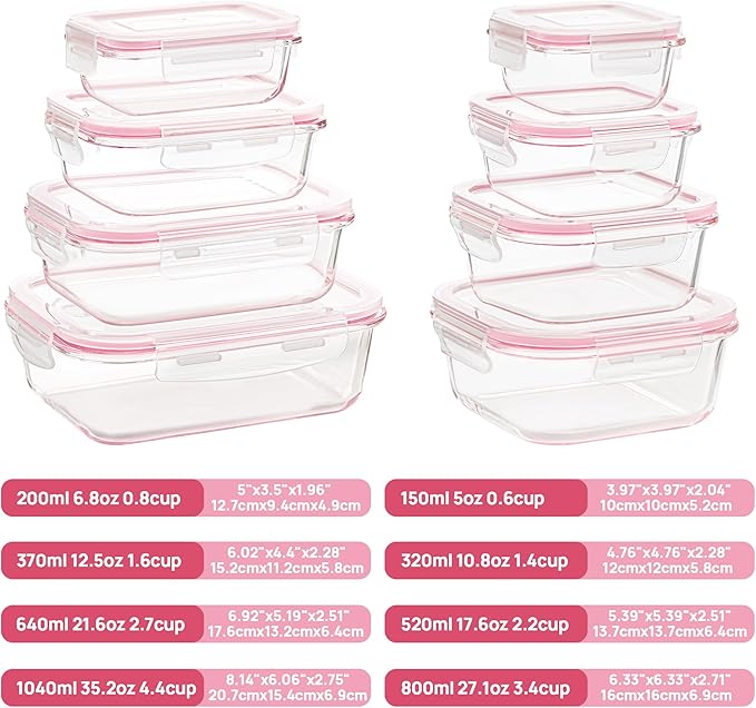 Vtopmart 8 Pack Glass Food Storage Containers with Airtight Lids, Glass Meal Prep Containers, Lunch Containers for Microwave, Oven, Freezer and Dishwasher, BPA Free