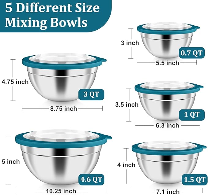 P&P CHEF Mixing Bowl with Visible Airtight Lid Set of 5, 10-Piece Stainless Steel Nesting Salad Bowl Set for Prepping, Mixing and Serving, Size 4.6, 3, 1.5, 1, 0.7 QT, Rimmed Edges & Flat Base, Blue