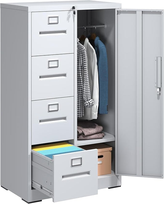 Locking File Cabinet with 4 Drawers and 1 Door,White Metal Storage Locker Cabinets for Employees,Home Office Filing Cabinets for Legal/Letter Size Files, Assembly Required