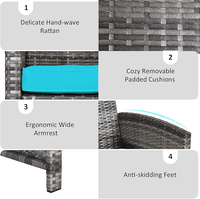 Tangkula 4 PCS Wicker Patio Conversation Set, Outdoor Rattan Sofas with Table Set, Patio Furniture Set with Soft Cushions & Tempered Glass Coffee Table for Poolside Balcony