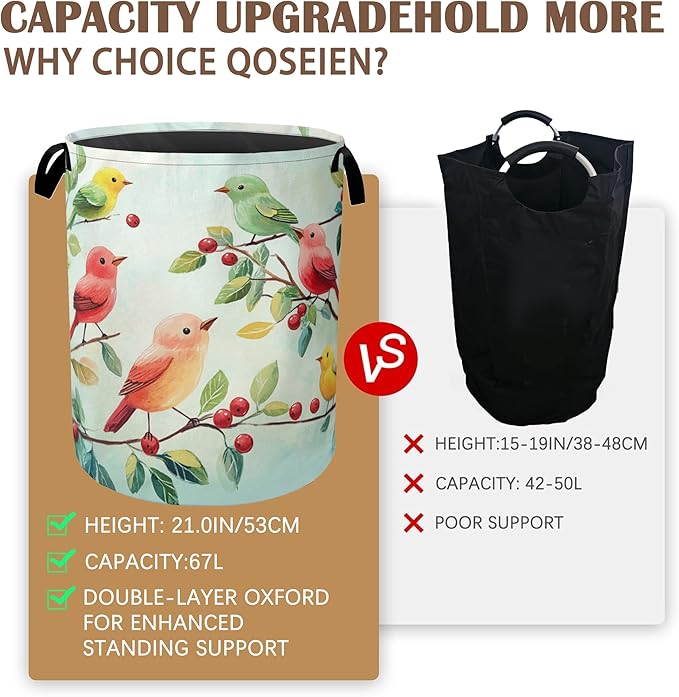 Colorful Bird Green Leaves Collapsible Laundry Baskets,Laundry Hamper,Storage Basket with Handles for Bathroom Bedroom College Dormitory Living Room Nursery Organizer 16"x20"