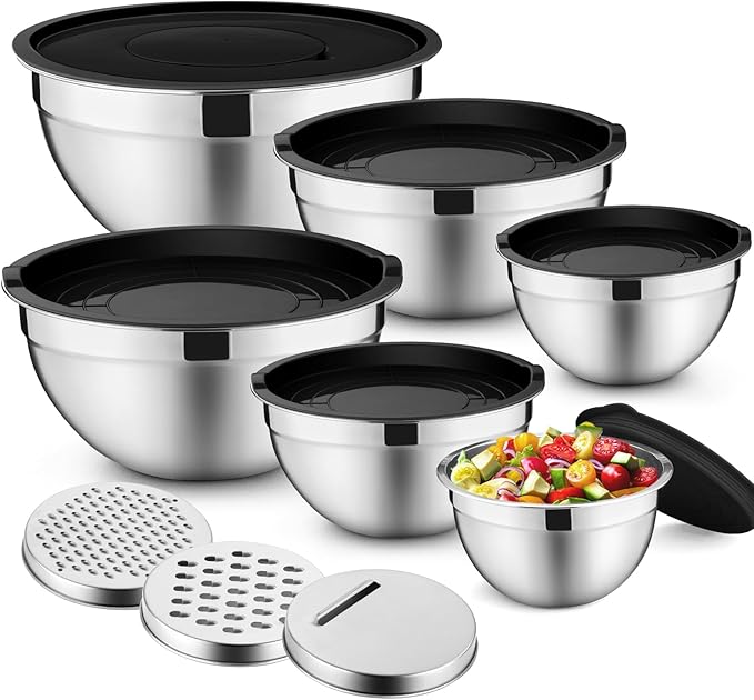 P&P CHEF Mixing Bowls with Lids Set of 6, Stainless Steel Nesting Salad Bowl & 3 Grater Attachments for Prepping Storing, 4.6/2.6/2/1.5/1/0.7 QT, Black