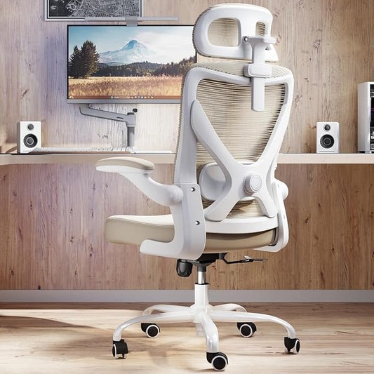 Ergonomic Office Chair - X-Shaped Computer Desk Chair Comfy, Gaming Chair, Office Chair with Lumbar Support, Mesh Office Chairs with Headrests, Desk Chair for Long Hours (White Beige)