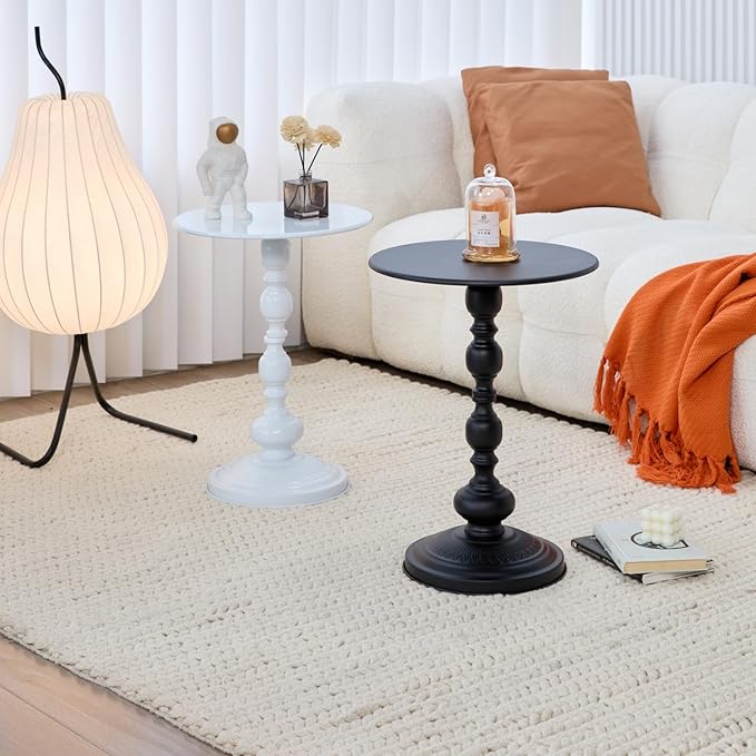 Elegant Vintage Round Side Table with Roman Columns - Sturdy Metal Design, Perfect as a Coffee, End, Tea, or Leisure Table for Living Room and Bedroom Decor, (Black+White 1pack)