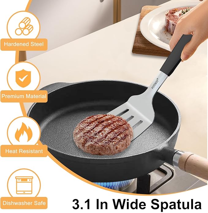 2 Pcs Stainless Steel Spatula Set, 11.3 x 3.1In Metal Spatulas for Kitchen Use, Cast Iron Skillet Cooking, Solid and Slotted Turner with Heat Resistant Handle, Flipper for Steak, Eggs, Burgers