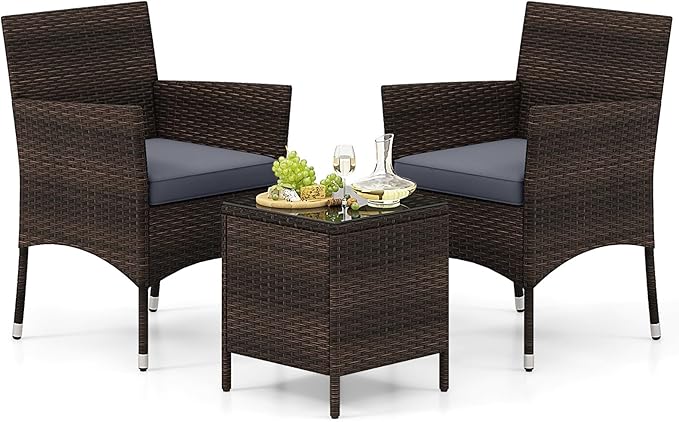 Tangkula 3 Pieces Patio Rattan Furniture Set, Outdoor Conversation Set with PE Wicker Armchairs, Tempered Glass Top Coffee Table, Soft Removable Cushions, for Porch Garden Yard Balcony (Grey)