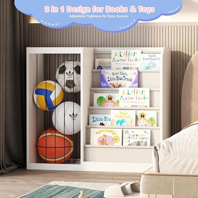 White Kids Bookshelf & Stuffed Animal Net Holder Plush Toy Storage Organizer Child Bookcase Toddler Baby Sling Book Rack for Playroom Bedroom Nursery Infant Boys Girls Classroom