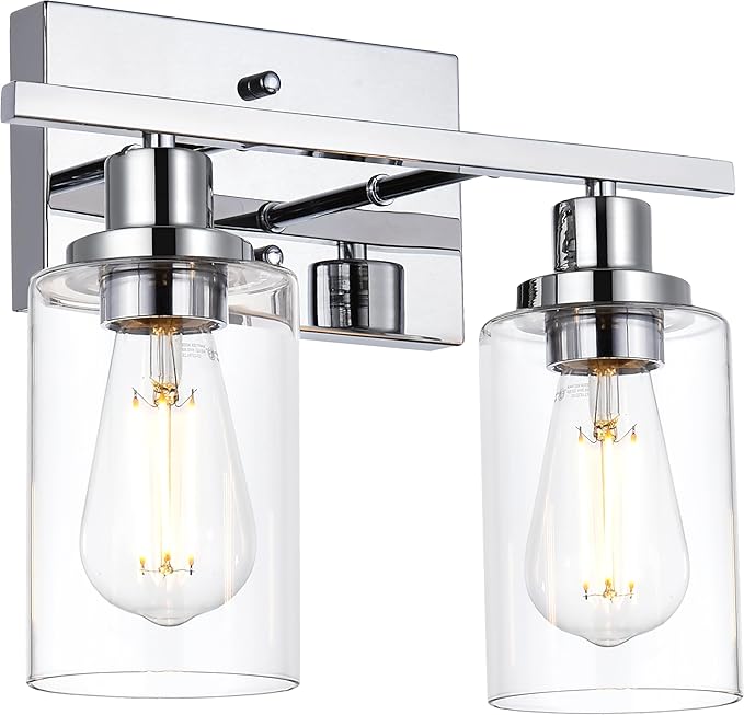 MELUCEE Sconces Wall Lighting Chrome 2-Light, Modern Bathroom Lights Over Mirror Contemporary Vanity Lighting Fixture with Clear Glass Shade (Patent No.: US D963914 S)