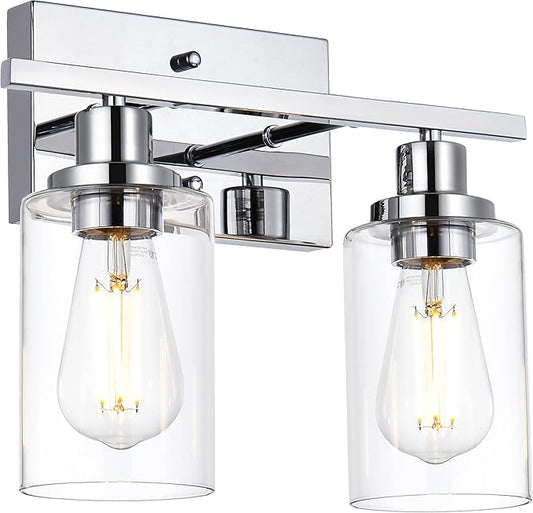 MELUCEE Sconces Wall Lighting Chrome 2-Light, Modern Bathroom Lights Over Mirror Contemporary Vanity Lighting Fixture with Clear Glass Shade (Patent No.: US D963914 S)