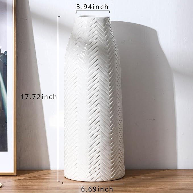 hjn Large White Vase for Flowers Ceramic Vase for Home Decor Tall Vases for Your Floor/Kitchen/Office/Living Room/Table- White Texture(Large)
