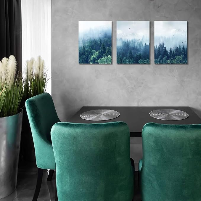 Arjun Forest Wall Art Misty Indigo Blue Landscape Canvas Painting Mountain Pine Tree Nature Birds Pictures Scenery Framed for Living Room Bedroom Bathroom Home Office Wall Decor, 12"x16"x3 Panels