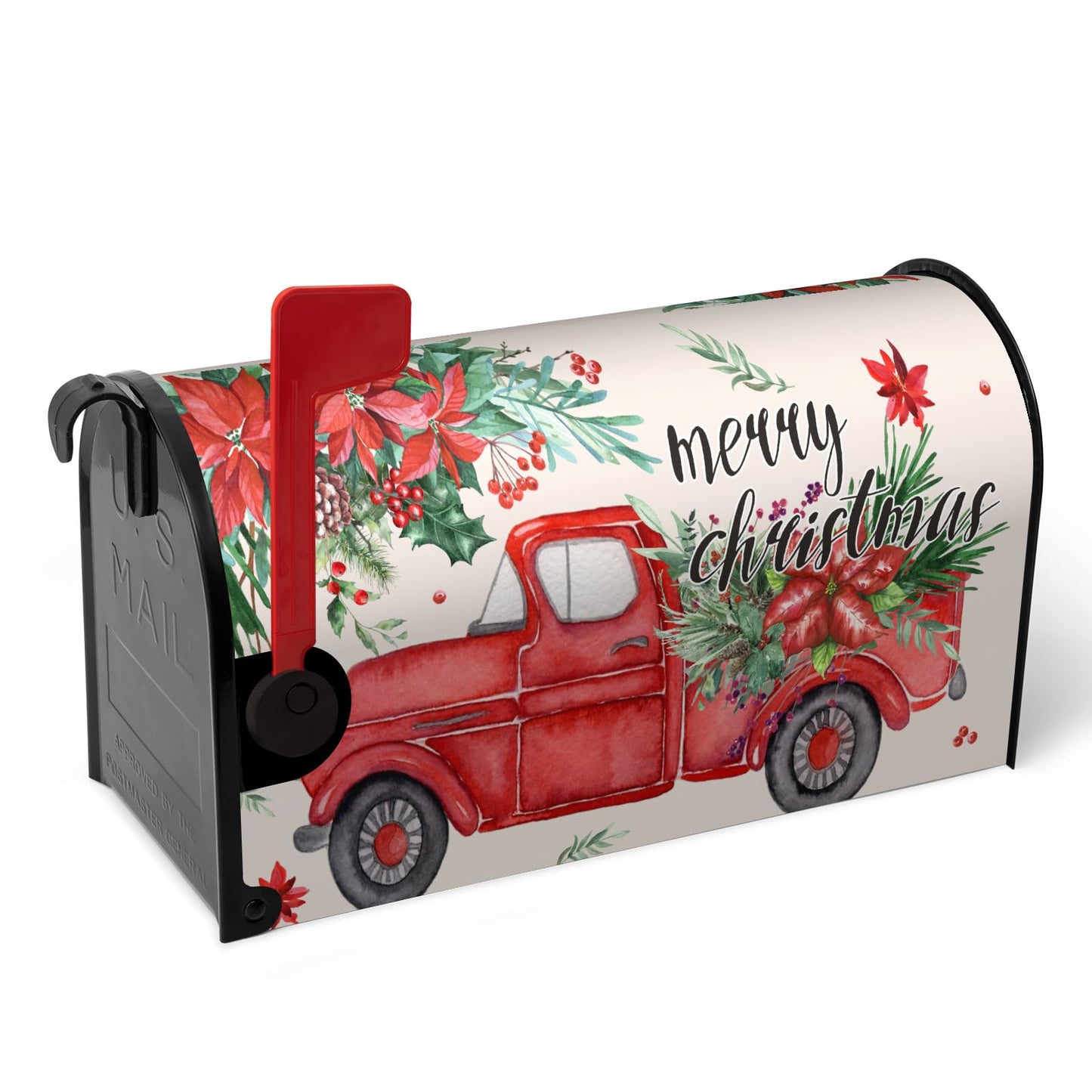 Dacawin Christmas Red Truck Mailbox Covers Magnetic 21x18 Inches Standard Size Xmas Winter Mailbox Cover Post Letter Box Wraps for Outside Garden Yard Outdoor Christmas Decorations