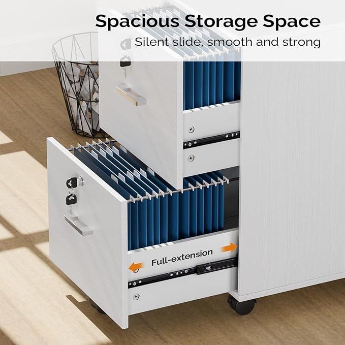 VINGLI 2 Drawer File Cabinet with Lock, Wood Grain White File Cabinets for Letter Size File Folders with Tabs, Mobile Under Desk Filing Cabinets for Home Office, Rolling Filing Cabinet Printer Stand