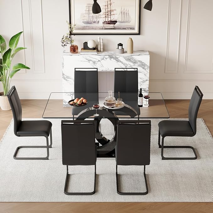 63'' Glass Dining Table Set for 6, Kitchen Table Chairs Set of 6, Clear Glass Dining Table with Black unique design Leg and Silver Metal Base, 6 PU Dining Chairs with Metal Legs, Living Room, Kitchen.