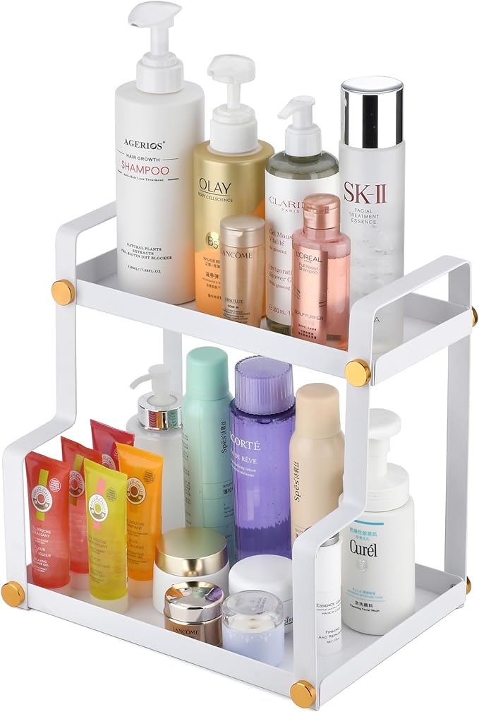 FFK 2 Tier Bathroom Countertop Organizer,Cosmetic Organizer,Storage Shelf for Bathroom,Ideal for Cabinet, Countertop, Pantry, and Desktop, for Bathroom, Kitchen, Office(White)