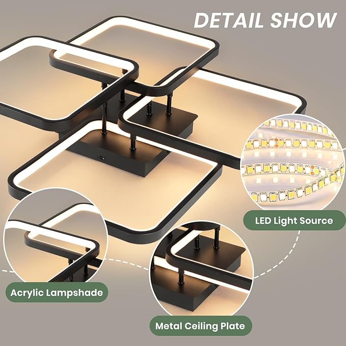 Modern Led Ceiling Light Fixtures for Living Room, Dimmable Square Ceiling Lighting Fixture with Remote Control, 3 Colors Flush Mount Ceiling Light for Dining Room, Kitchen, Living Room