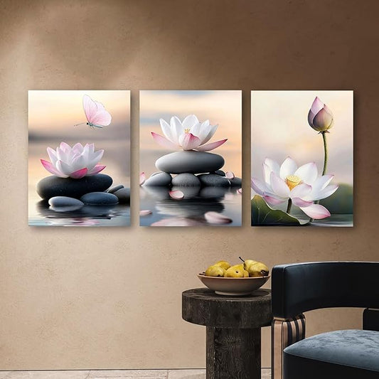 Arjun Flower Pink Lotus Wall Art Canvas Zen Stones Black Painting White Flower Pond Floral Bloosm Framed for Bathroom Spa Salon Living Room Bedroom Kitchen Home Office Wall Decor, 12"x16"x3 Panels