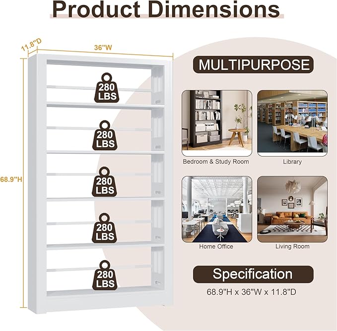 69" Bookshelf,5-Tier Bookshelf, Large Bookcases and Bookshelves,Taller and Wider Metal Storage Organizer, Sturdy Bookshelf for Living Room,Home Library (White)