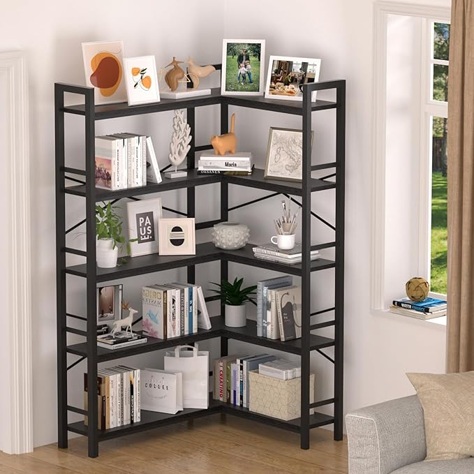 5-Shelf Corner Bookshelf, Large Open Shelf Bookcase,Black Metal Frame, L-Shaped Storage Rack with Cross Braces for Living Room Home Office