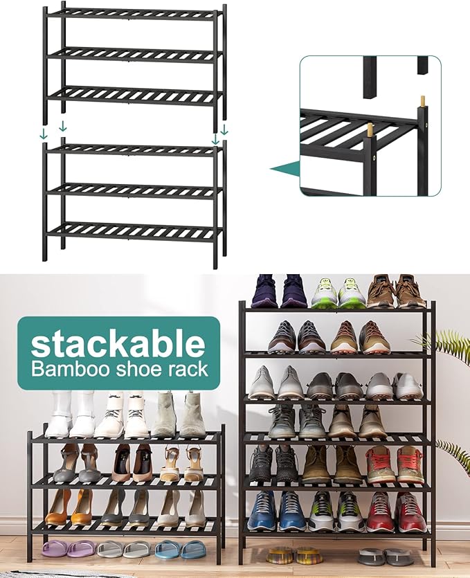 3-Tier Black Bamboo Shoe Rack for Entryway, Stackable | Foldable | Natural, Shoe Shelf Storage Organizer for Hallway Closet, Free Standing Shoe Racks for Indoor Outdoor