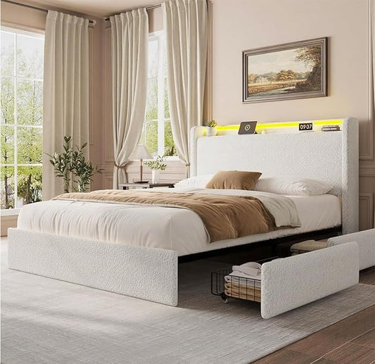 Queen LED Bed Frame with 4 Storage Drawers and Storage Headboard, Soft Boucle Upholstered Platform Bed Frame with Charging Station and USB Ports, Solid Wood Slats Support, No Box Spring Needed, White