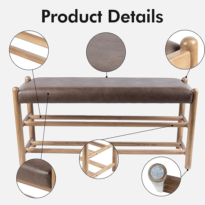 Solid Wood Entryway Bench with Shoe Storage, Rustic Oak Wood and PU Leather 39.4 Inch Long Seating for Living and Dining Rooms, 3-Tier Brown