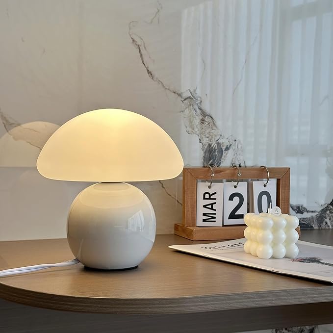 Mushroom Lamp Ceramic Base,White Cute 70s Mid Century Modern Decor Lamp for Bedroom,Small Abstract Table Bedside Glass Mood Coze Fun Warm Light