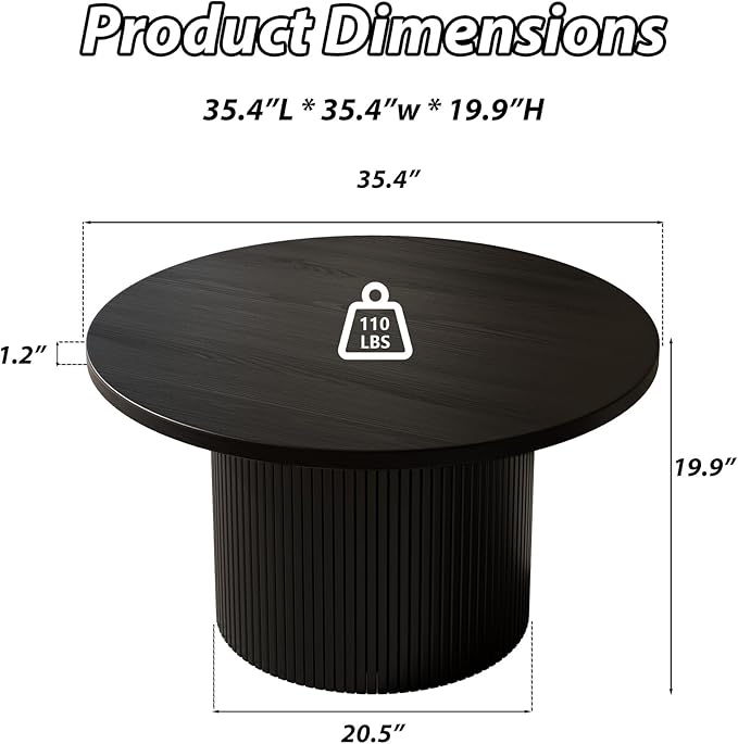 Black Round Coffee Table with Metal Frame, 35" Coffee Tables for Living Room, Circle Wood Accent Center Table for Apartment