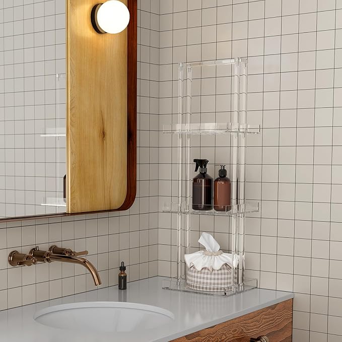 Aquiver Acrylic Standing Shower Caddy - 3 Tier Shower Organizer Stand with Handle - Corner Shower Caddy for Inside Bathroom, Bathtub, 11'' L x 10'' W x 34.6'' H, Clear