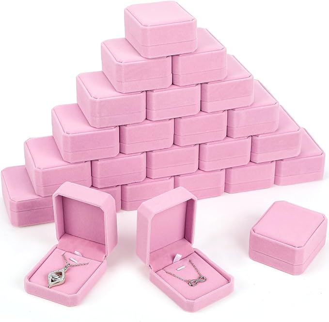 Sureio 24 Pcs Velvet Necklace Ring Boxes Bulk Earring Pendant Jewelry Gift Display Case for Proposal Anniversary Wedding Engagement Birthday Gift(Pink)