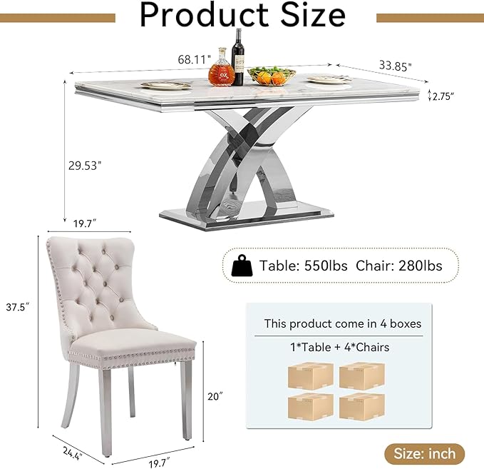 Goujxcy 5-Piece Dining Table Set Modern Faux Marble Dining Table Set for 4, Luxury 68" Long Faux Marble Kitchen Table with 4 Velvet Upholstered Chairs, Mirrored Stainless Steel Base