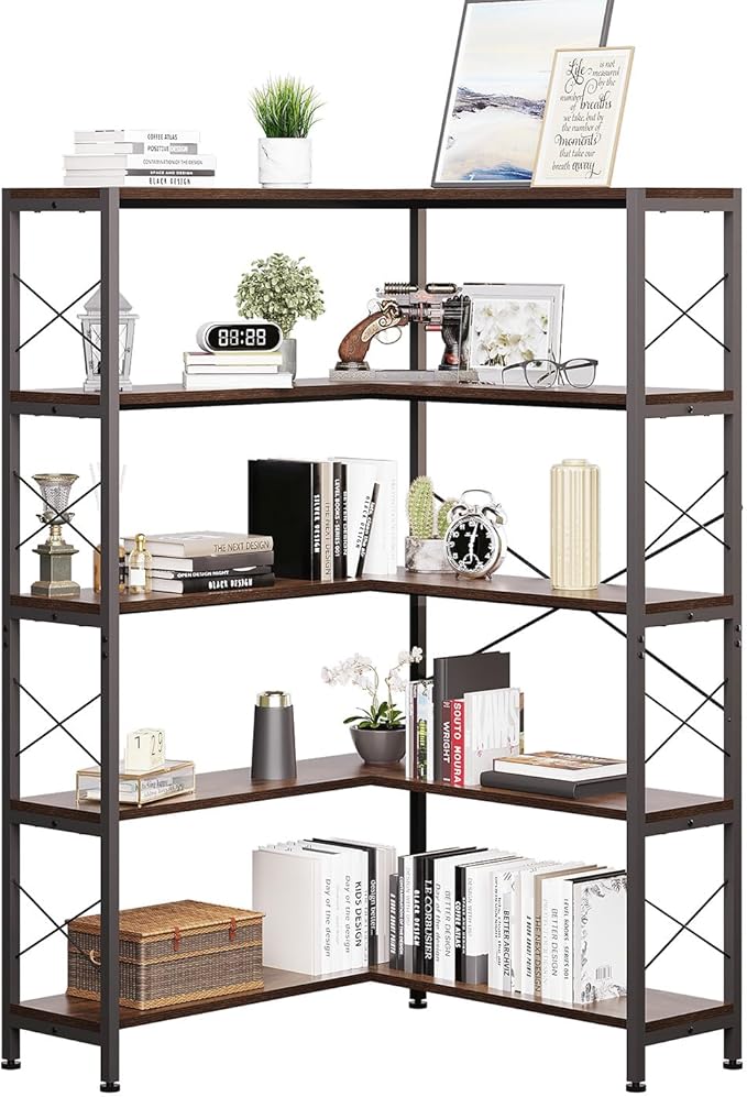 Corner Bookshelves and Bookcases Industrial Corner Etagere Bookcase L Shaped Shelf 5-Tiers with Metal Frame for Living Room Home Office