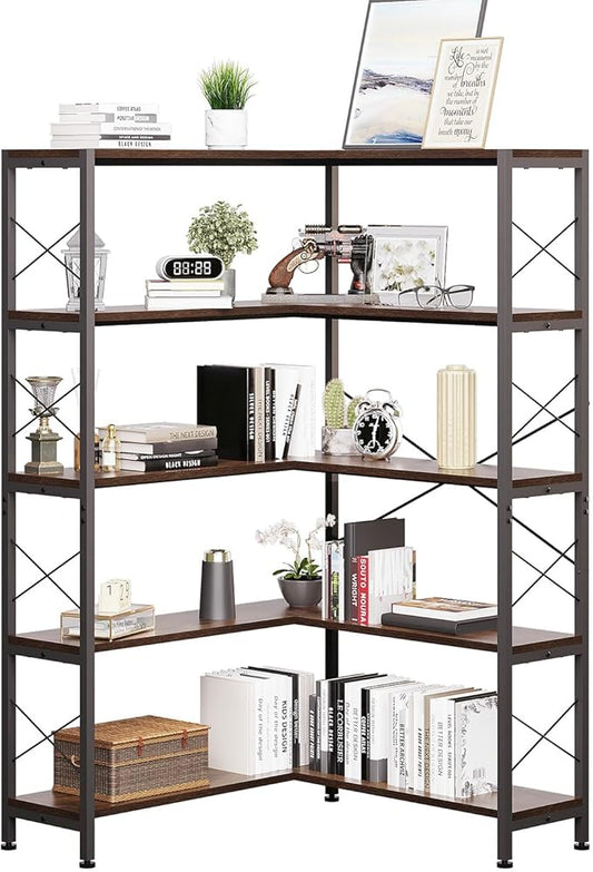Corner Bookshelves and Bookcases Industrial Corner Etagere Bookcase L Shaped Shelf 5-Tiers with Metal Frame for Living Room Home Office