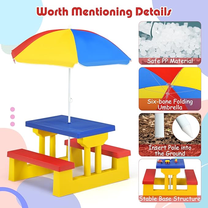 Kids Picnic Table, Toddler Picnic Table with Removable & Foldable Umbrella, Plastic Children Patio Furniture for Garden Backyard, Kids Outdoor Table, Multicolored