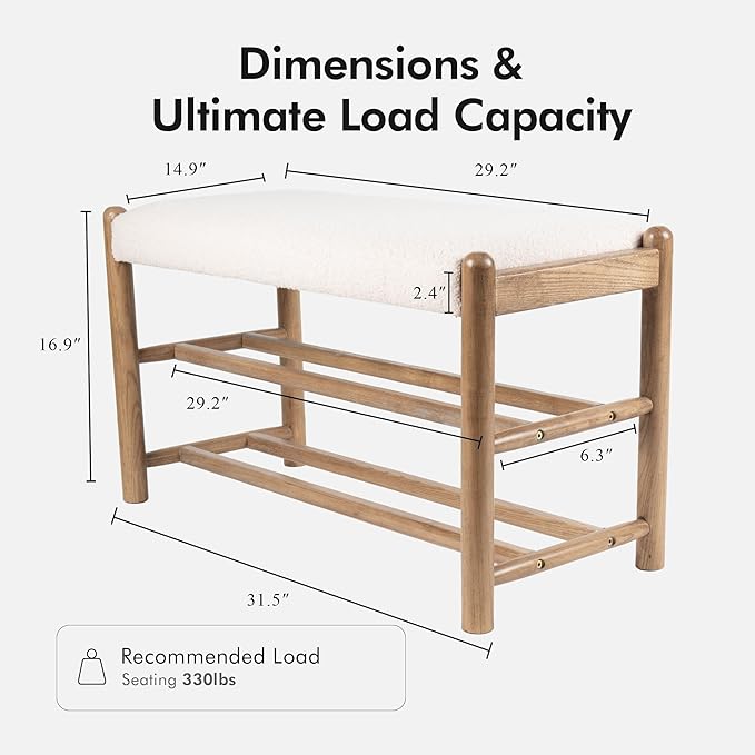 Solid Wood Entryway Bench with Shoe Storage, Rustic Oak Wood and Sherpa Fabric 31.5 Inch Long Seating for Living and Dining Rooms, 3-Tier White