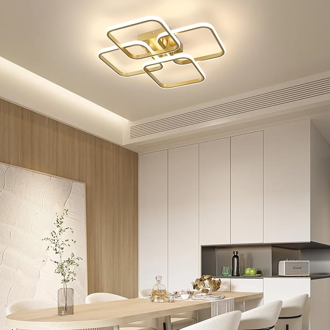 CANEOE Gold, Modern 4-Squares LED Ceiling Light Fixture, Dimmable, Remote Control, Square Flush Mount, Kitchen/Bedroom/Living Room Indoor Lighting, 23x23x5 inches, 48W, 3000K-6500K, 3840 Lumen