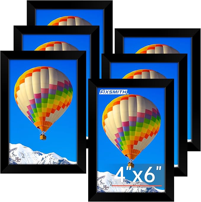 FIXSMITH 4x6 Picture Frame Set of 6, Black Photo Frames Bulk with HD Plexiglass for Wall Hanging or Tabletop Display, Multi Picture Frames Collage for Wall Decor