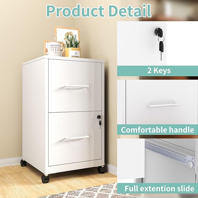 AQY 2 Drawer Mobile File Cabinet with Lock, Rolling Metal Filing Cabinets for Home Office, Vertical File Cabinet on Wheels, Small White File Storage Cabinets for Legal/Letter/A4 Files Assembly Require