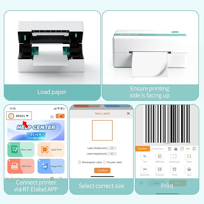 Rongta Thermal Shipping Label Printer, Bluetooth Wireless 4x6 Sticker Label Maker for Package, Compatible with Windows, Mac, Android & iPhone, Used for Business of Amazon, Ebay, Etsy, Shopify UPS