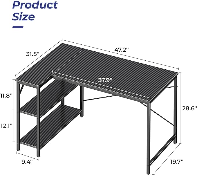 Huuger L Shaped Desk, 47 Inch Gaming & Home Office Desk with Reversible Storage Shelves, Metal Frame, Carbon Fiber Black