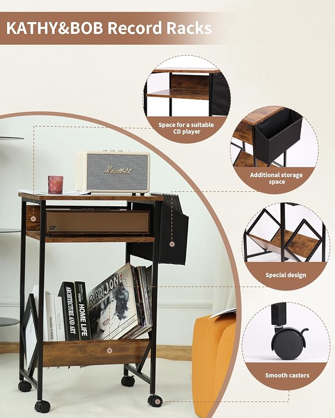 KATHY&BOB 3-Tier Printer Stand Mobile File Cabinet for Home Office with Side Storage Bag, Rolling Filing Cabinet with Open Storage Shelf, Fits A4 or Letter Size, Brown Under Desk Organizer