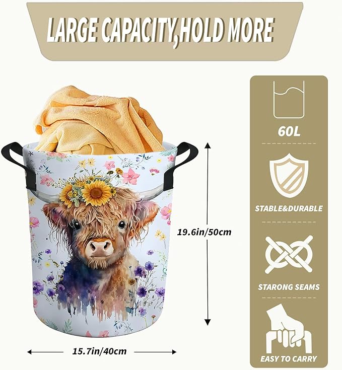 Highland Cow Laundry Basket Nursery Baby Hamper Western Room Decor Funny Tote Bag for Teen Boy Girl Gift 19.6"x15.7"