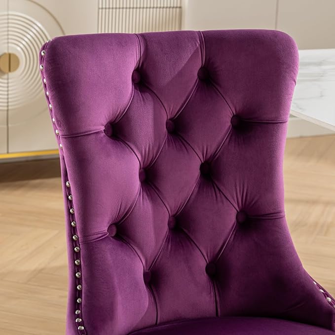 Goujxcy 5 Piece Round Glass Dining Table Set for 4, 47" Round Dining Table & Chair Set Modern Circle Glass Kitchen Table and 4 Velvet Upholstered Chairs for Kitchen Dining (Silver & Pueple Chair)