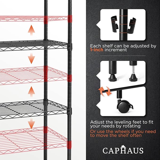 CAPHAUS 3/4/5-Tier Adjustable Height Wire Shelving Unit, Wire Rack Shelving, Metal Steel Storage Shelves, Garage Shelving Storage Organizer, Utility Storage Shelf, 5-Tier With Wheels, Black