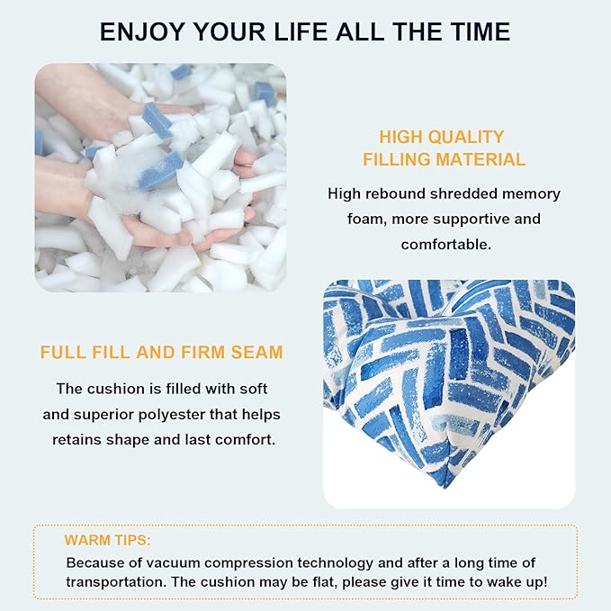 Set of 2 Outdoor Tufted Chair Cushions 19"x19"x4", Water Repellent Patio Seat Cushions with Ties, Replacement Chair Pads for Wicker Dining and Patio Furniture - Blue Bricks