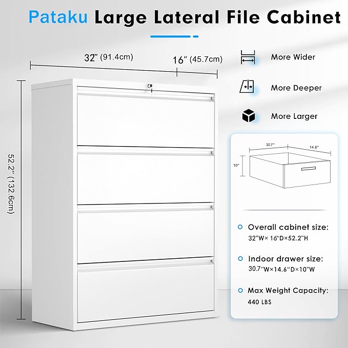 Pataku 4 Drawer File Cabinet with Lock, Metal Lateral File Cabinets for Home Office, Locking Filling Cabinets for Hanging Files Letter/Legal/F4/A4 Size (White)